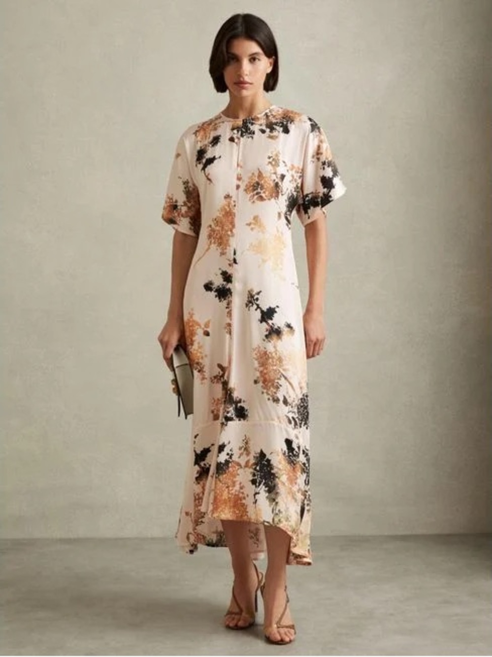 Reiss Chrissy Floral Print Midi Dress in Cream Size 2
